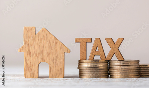 A wooden house model next to stacked coins with word TAX emphasizes concept of home equity and financial planning. This image captures essence of managing taxes related to property ownership