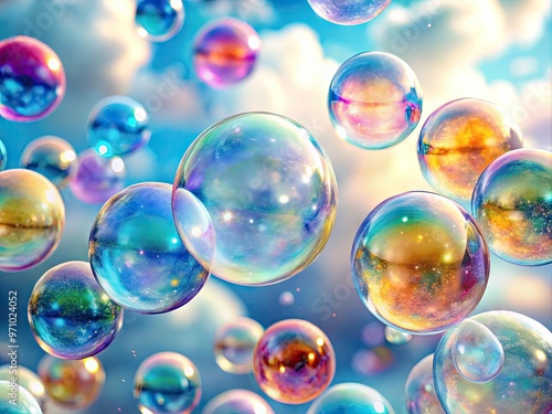 Colorful, iridescent soap bubbles suspended in air, gently floating upwards, surrounded by delicate, shimmering suds, against a soft, white background, evoking a sense of playful innocence.