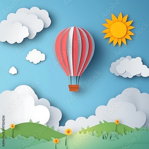 Paper cut style of colorful hot air balloons and cloud over the sea with blue sky