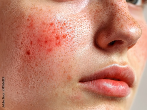 Teenage girl with acne problem on beige background, closeup