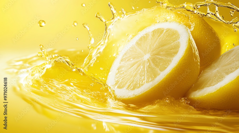 A lemon splashing into a pool of yellow juice. A lemon splashing into a pool of yellow juice.