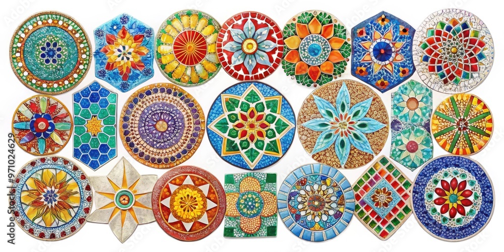 Colorful, pre-made mosaic templates with various shapes and patterns on a white background, ideal for crafting and DIY projects for beginners to create unique designs. Colorful, pre-made mosaic templates with various shapes and patterns on a white background, ideal for crafting and DIY projects for beginners to create unique designs.