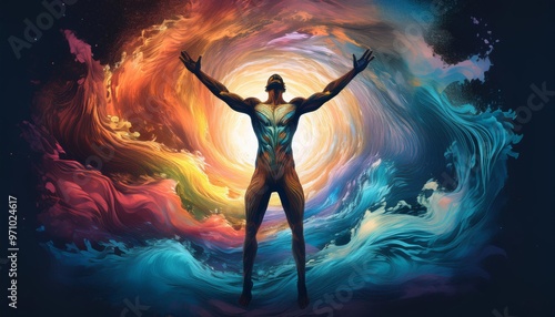 Dynamic Human Figure Surrounded by Colorful Energy Waves 