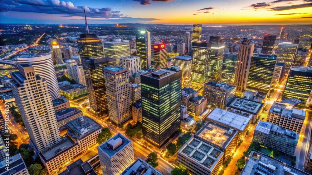 Obraz premium Aerial view of city buildings illuminated at dusk, cityscape, aerial, skyline, buildings, lights, evening