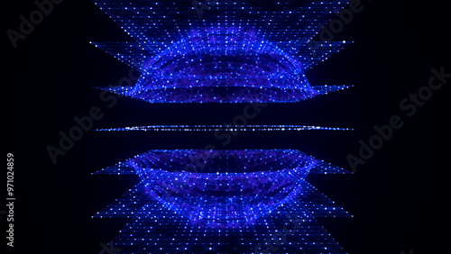 Abstract blue sphere on black background. Wireframe circle structure with glowing particles and lines. Futuristic digital illustration. 3D rendering.