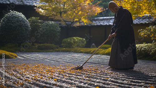 秋の庭を整える僧侶 photo