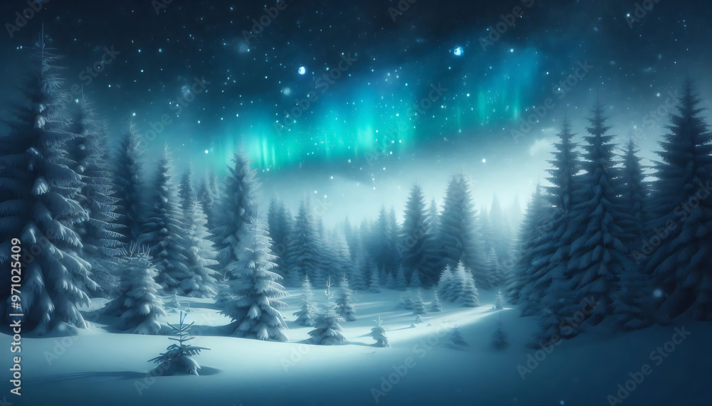 Winter landscape featuring a dense forest of snow covered pine trees under a night sky with stars Winter landscape featuring a dense forest of snow covered pine trees under a night sky with stars