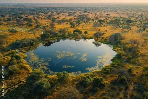 Savanna waterhole, diverse fauna, golden hour, bird's-eye view, vibrant colors, detailed surroundings, wide-angle shot