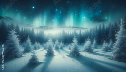 Winter landscape featuring a dense forest of snow covered pine trees under a night sky with stars