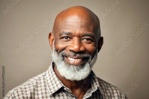 Confident senior African American man with shaved head and well-groomed beard, smiling warmly, dressed in casual wear, standing against a neutral background.