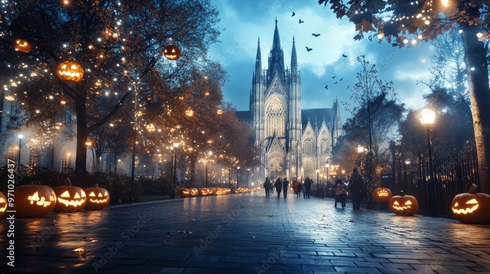 Halloween fair in front of a spooky old cathedral glowing jack-o-lanterns lining the entrance Halloween fair in front of a spooky old cathedral glowing jack-o-lanterns lining the entrance