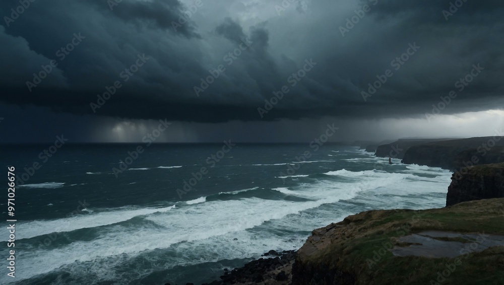 A lone ghostly figure looks out over a stormy sea from a cliff. A lone ghostly figure looks out over a stormy sea from a cliff.