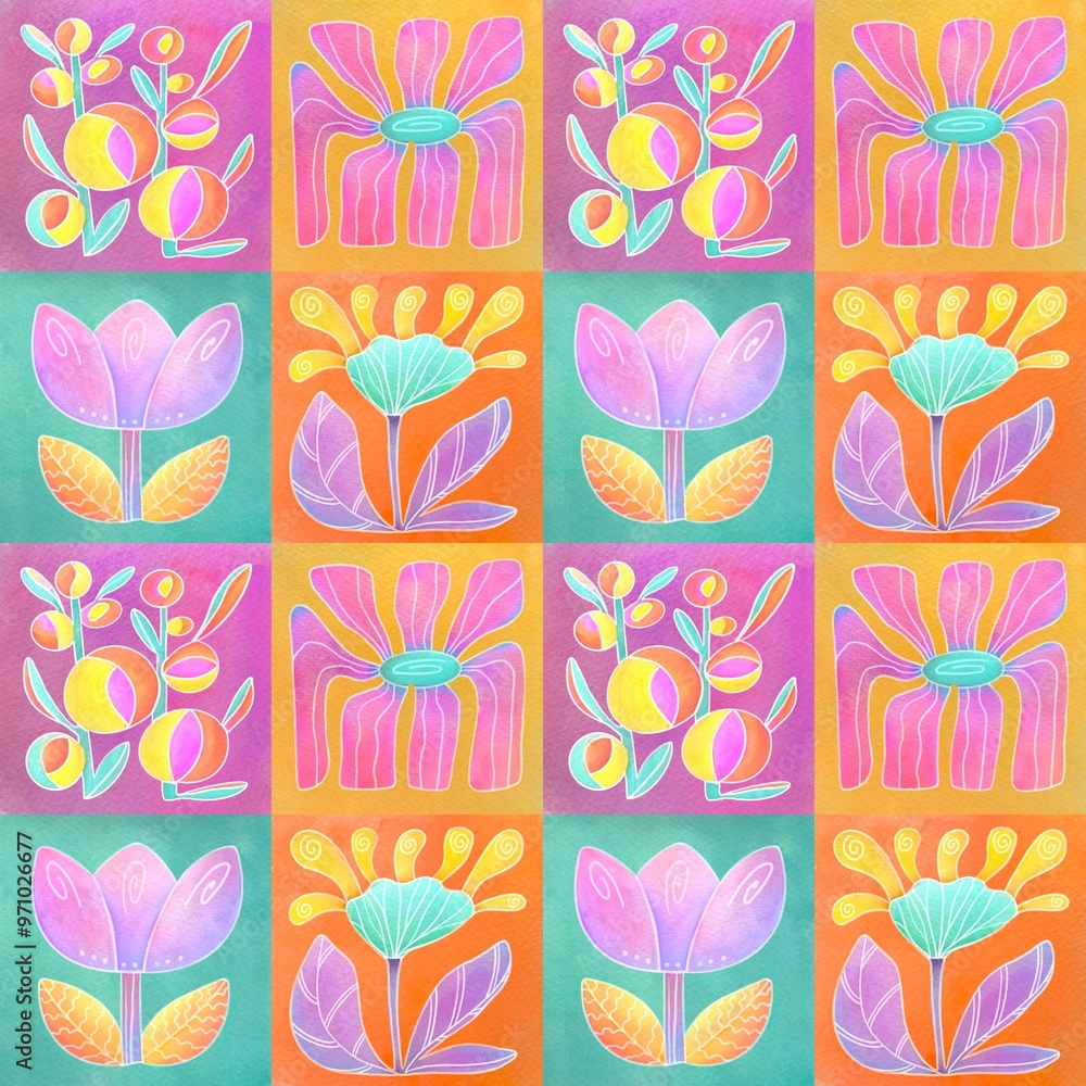 groovy flowers seamless pattern on multi colored background. watercolor illustration with 70s retro style plant, Fantasy botanical print for wrapping gifts, packaging paper, fabric, scrapbook groovy flowers seamless pattern on multi colored background. watercolor illustration with 70s retro style plant, Fantasy botanical print for wrapping gifts, packaging paper, fabric, scrapbook