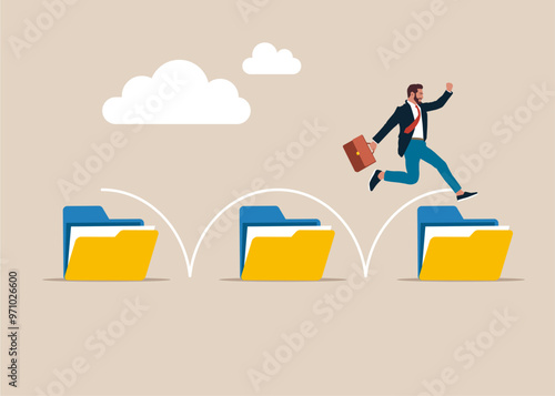 Businessman jumping higher over hurdle files folders. Business concept. Modern vector illustration in flat style