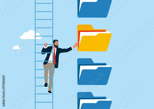 Found a new folder. Entrepreneur businessman manage to prioritize folders. Arrange to do list which job to do before and after. Modern vector illustration in flat style