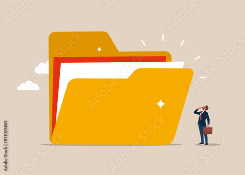 Big folder and tiny businessman. Backup up data transfer. Organize files folder. Flat vector illustration.