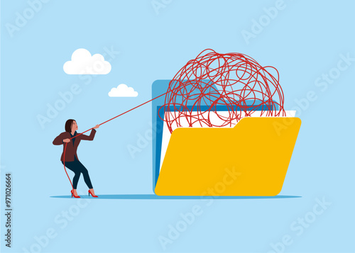 Organize files folder. Woman help eliminate chaos messy line from files folder. Modern vector illustration in flat style