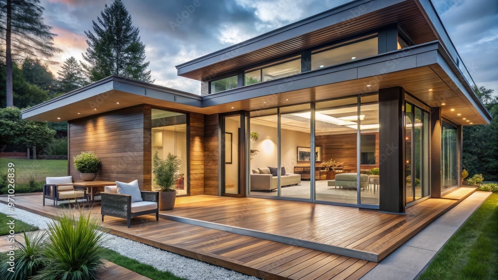Contemporary home exterior features sleek glass doors, polished wood accents, and minimalist decor on a spacious veranda overlooking a serene backyard landscape. Contemporary home exterior features sleek glass doors, polished wood accents, and minimalist decor on a spacious veranda overlooking a serene backyard landscape.