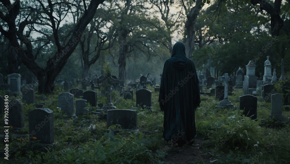A spectral figure walks through an ancient cemetery with overgrown tombstones. A spectral figure walks through an ancient cemetery with overgrown tombstones.