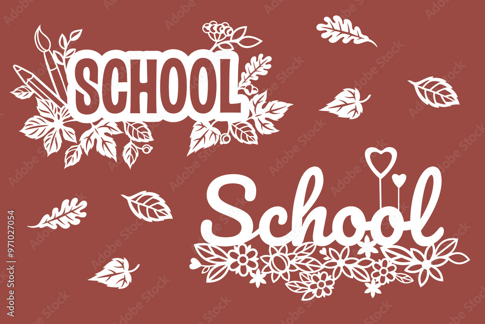 Naklejka premium silhouette inscription school with autumn decor leaves and branches autumn flowers