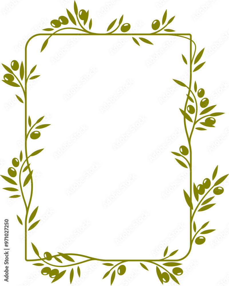 Olive tree leaves frame or divider border of green leaf wreath, vector ornament. Olive leaves frame of plant branches and ornate ornament of Greek olive tree in square border or flourish divider Olive tree leaves frame or divider border of green leaf wreath, vector ornament. Olive leaves frame of plant branches and ornate ornament of Greek olive tree in square border or flourish divider