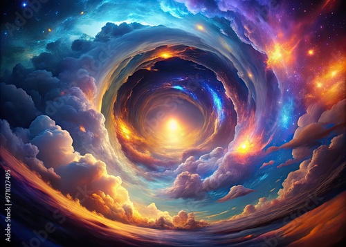 Cosmic vortex swirls with vibrant lights and swirling clouds, revealing a shimmering portal to alternate realities, blurring the boundaries between dimensions and the unknown. photo