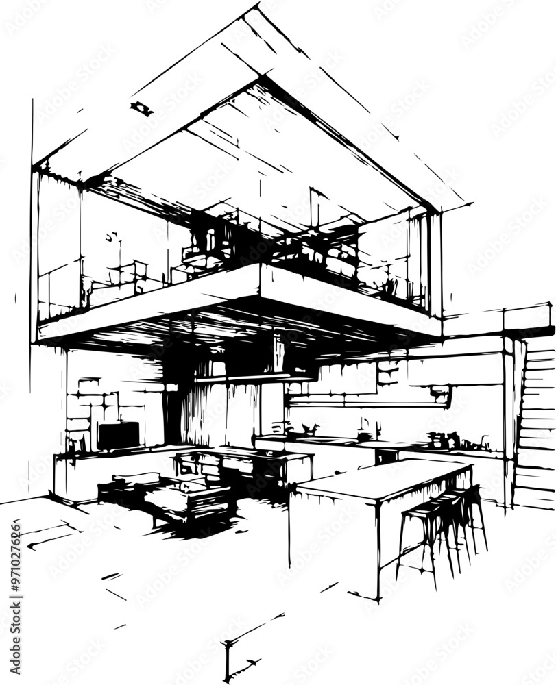 Fototapeta premium Modern Interior Design Sketch of Open-Plan Kitchen