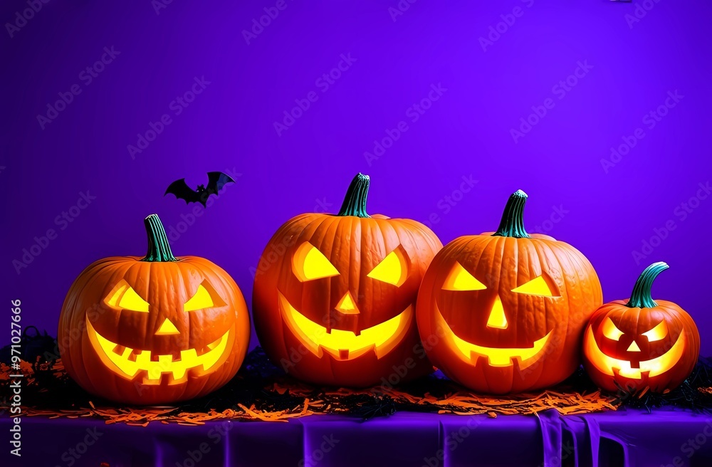 Carved pumpkins and bats on purple background for Halloween. Carved pumpkins and bats on purple background for Halloween.