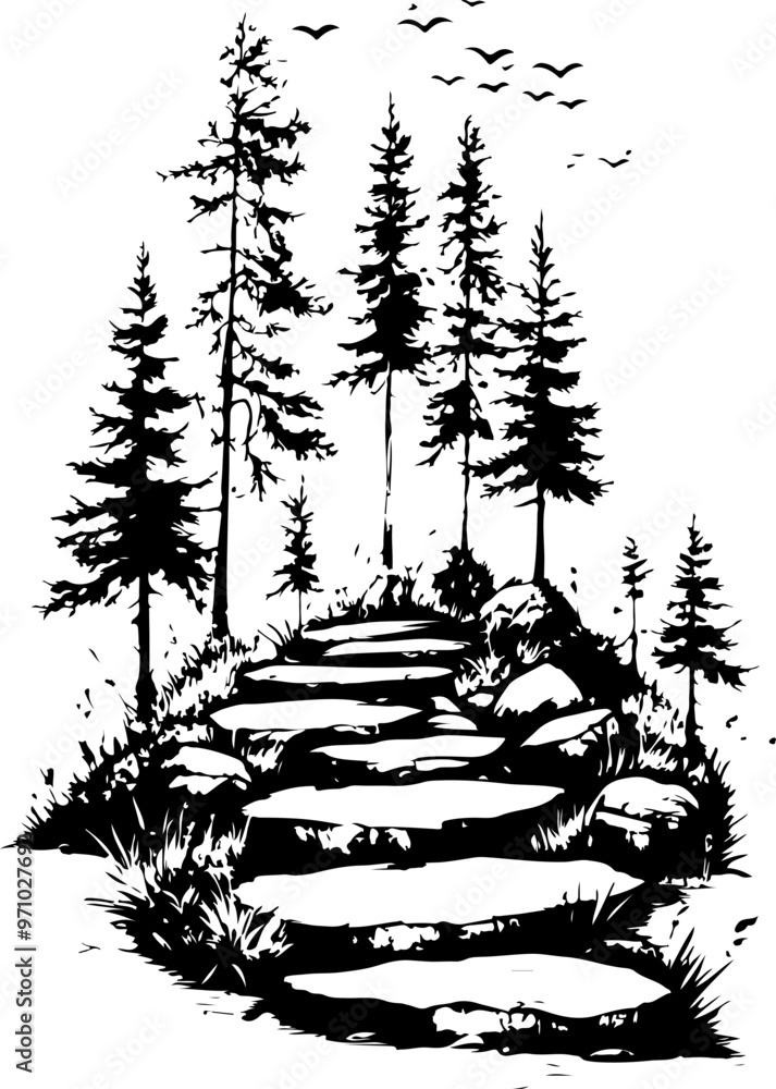 Black and White Forest Path with Trees and Rocks Black and White Forest Path with Trees and Rocks