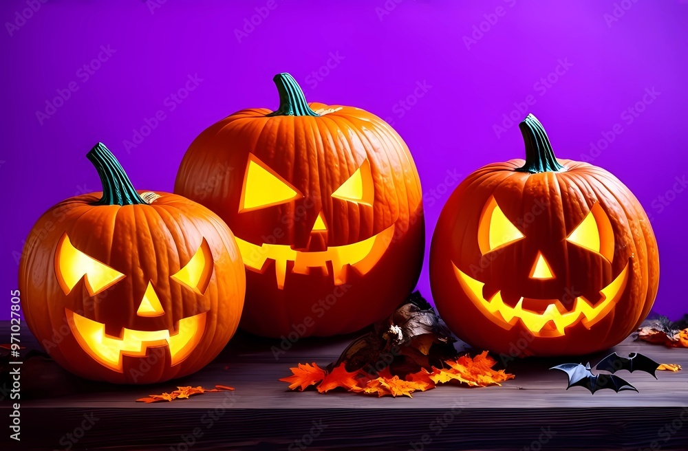 Carved pumpkins and bats on purple background for Halloween. Carved pumpkins and bats on purple background for Halloween.