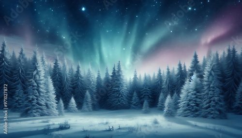 Winter landscape featuring a dense forest of snow covered pine trees under a night sky with stars