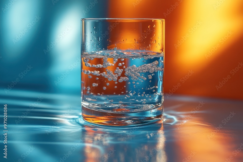 Glass of Sparkling Water with Blue and Orange Background