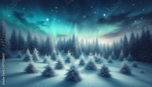 Winter landscape featuring a dense forest of snow covered pine trees under a night sky with stars