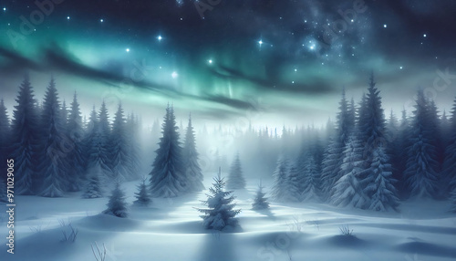 Winter landscape featuring a dense forest of snow covered pine trees under a night sky with stars