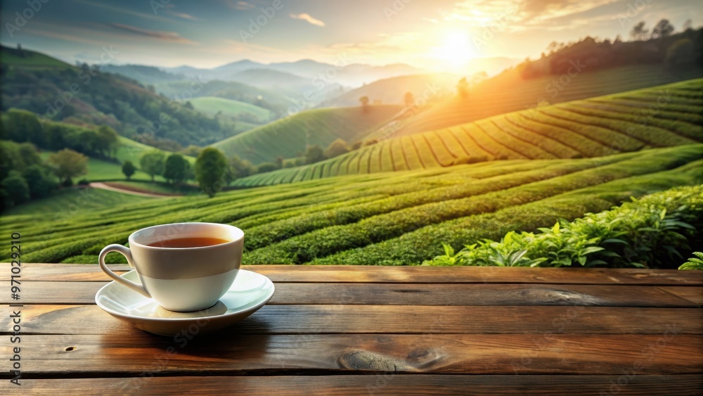 Tea cup on a wooden table with a view of a tea plantation , tea, cup, wooden table, view, tea plantation, drink, hot Tea cup on a wooden table with a view of a tea plantation , tea, cup, wooden table, view, tea plantation, drink, hot