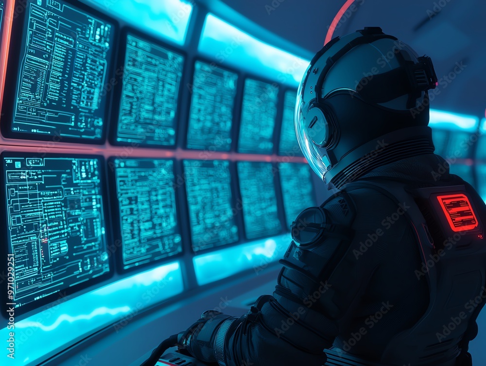 Futuristic control room featuring multiple screens and a sleek design, illuminated by soft blue lighting. Futuristic control room featuring multiple screens and a sleek design, illuminated by soft blue lighting.