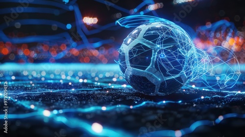 Futuristic soccer ball illuminated by dynamic lights on a technological field photo