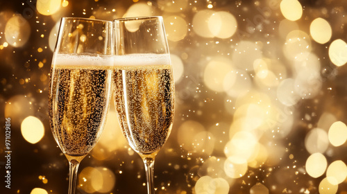 Champagne flutes clinking together in celebration with golden bokeh backdrop during a festive gathering in the evening