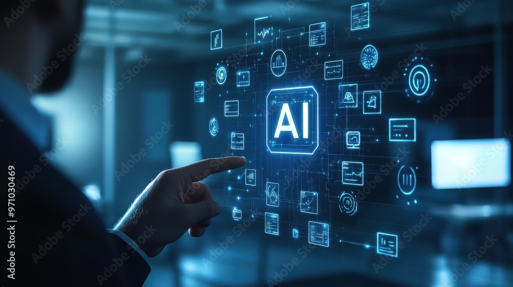 A Woman Touching on an AI Icon with the Word AI Floating Above in a Tech Environment, Illuminated by Soft Lighting A Woman Touching on an AI Icon with the Word AI Floating Above in a Tech Environment, Illuminated by Soft Lighting