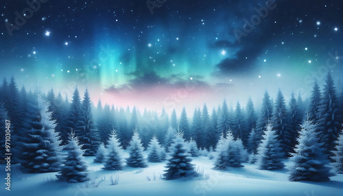 Winter landscape featuring a dense forest of snow covered pine trees under a night sky with stars