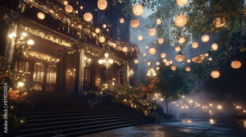 Halloween festival at an abandoned theater glowing lanterns lighting the steps