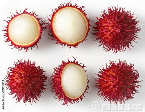 Fresh Rambutan Fruits Displayed in Rows - Exotic Tropical Fruit with Spiky Red Skin and Juicy White Flesh