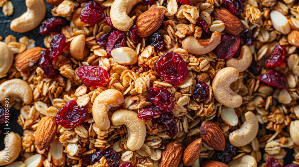 A vibrant mix of dried cranberries, cashews, and oats spread across a table ready for snacking in a cozy kitchen setting A vibrant mix of dried cranberries, cashews, and oats spread across a table ready for snacking in a cozy kitchen setting