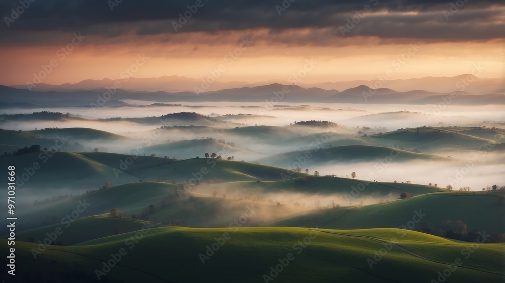 Obraz premium Aerial View of Rolling Hills Covered in Fog with a Dramatic Cloudy Sky.