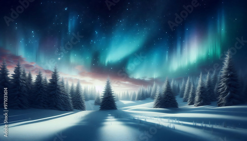 Winter landscape featuring a dense forest of snow covered pine trees under a night sky with stars