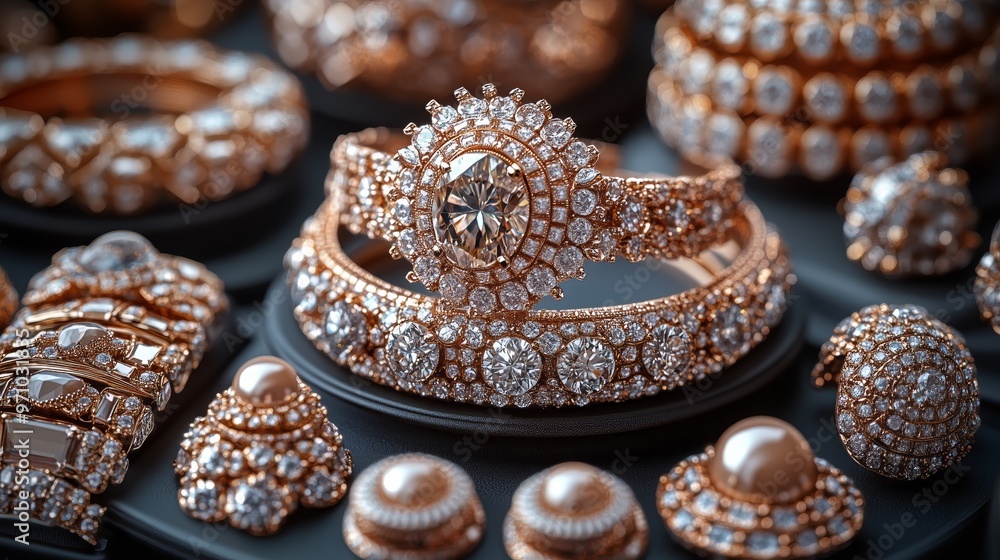 An exquisite selection of high-end jewelry including diamond-encrusted rings, earrings, and bracelets with pearl accents displayed on a dark backdrop. Perfect representation of opulence An exquisite selection of high-end jewelry including diamond-encrusted rings, earrings, and bracelets with pearl accents displayed on a dark backdrop. Perfect representation of opulence