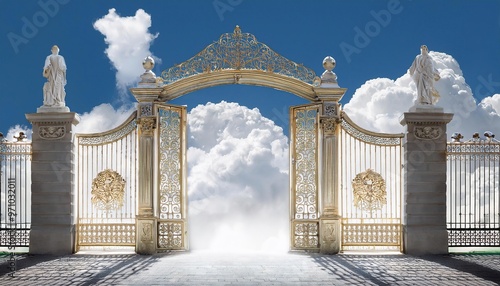 Pearly Gates Surrounded by Clouds, Symbolizing the Entrance to Heaven and the Afterlife in a Serene and Celestial Landscape