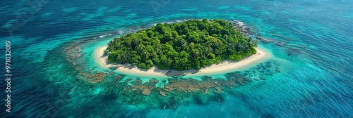 This image showcases a round tropical island with a dense forest, surrounded by turquoise waters and sandy shores, offering a captivating and peaceful retreat.