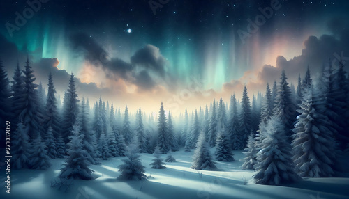 Winter landscape featuring a dense forest of snow covered pine trees under a night sky with stars