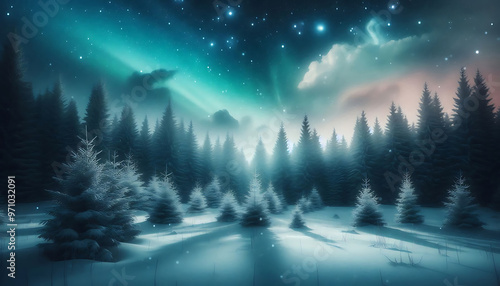 Winter landscape featuring a dense forest of snow covered pine trees under a night sky with stars
